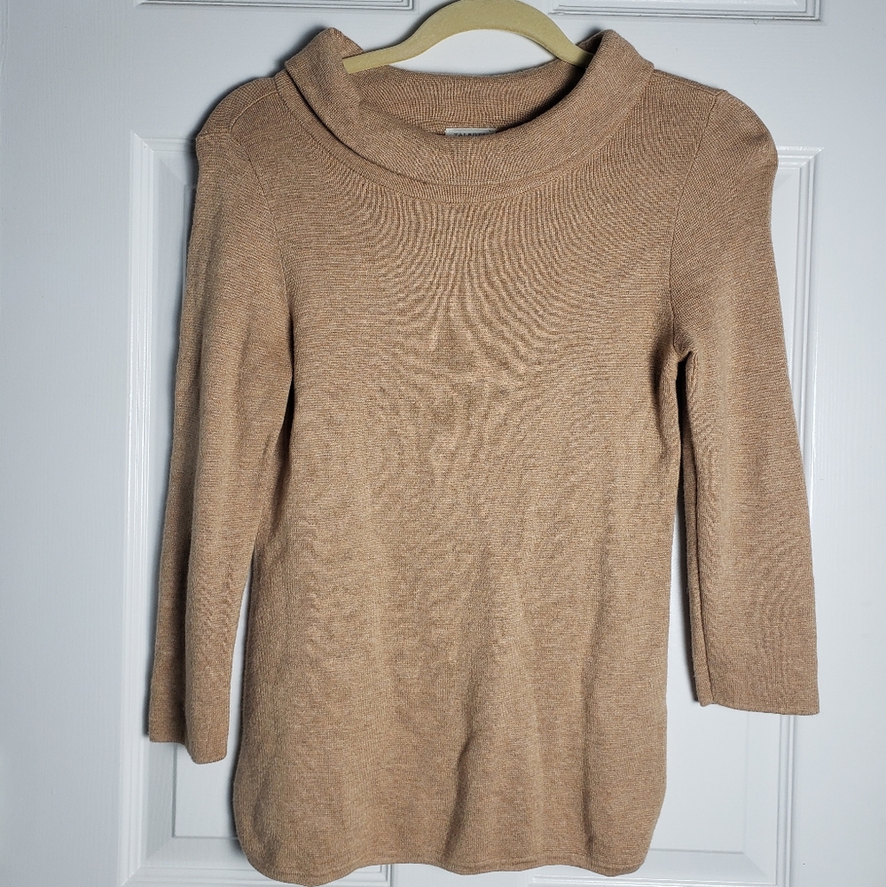Talbots Womens Mock Neck Tan Camel Tunic Sweater Rounded Hem